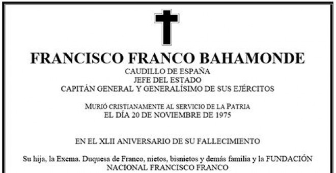 Esquela en memoria del dictador Francisco Franco