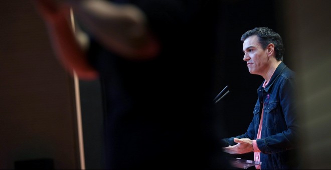 El secretario general del PSOE Pedro Sánchez, durante su intervención, en un acto de la campaña contra la Violencia de Género.EFE/F.Villar