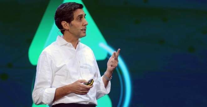 El presidente ejecutivo de Telefónica, José María Álvarez-Pallete, durante el encuentro con directivos del grupo.