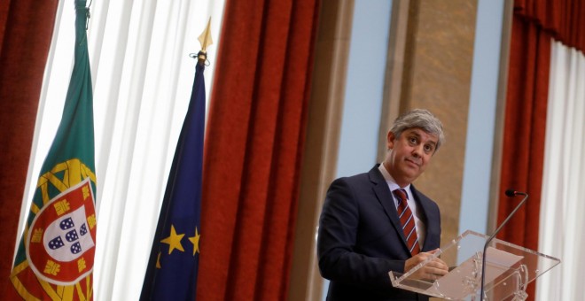 El ministro de Finanzas, Mário Centeno, en una rueda de prensa en la sede de su Departamento, en Lisboa. REUTERS/Rafael Marchante