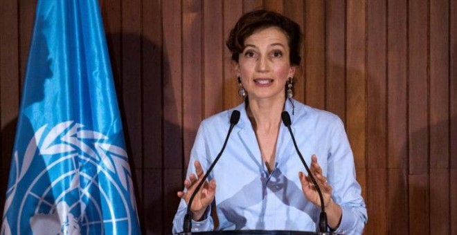 Audrey Azoulay durante su comparecencia tras ser elegida nueva directora de la UNESCO. / EFE