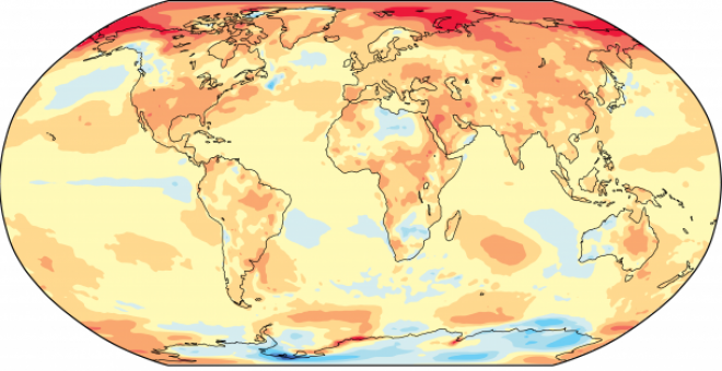 Diferencia de temperaturas en 2017 con respecto a las registradas en el periodo entre 1981 y 2010. OMM