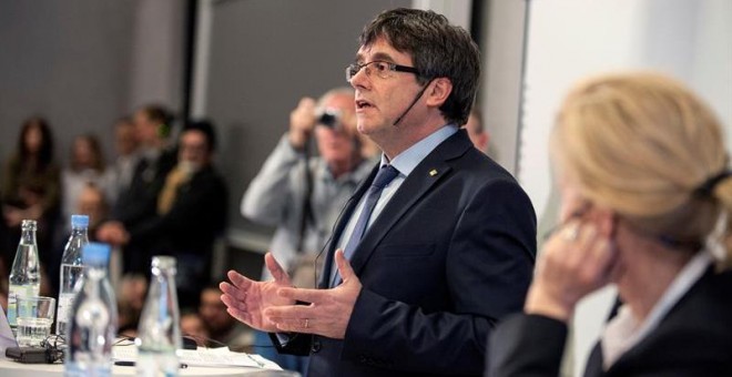 Carles Puigdemont durante su discurso en la Universidad de Copenhague. EFE/Ricardo Ramirez