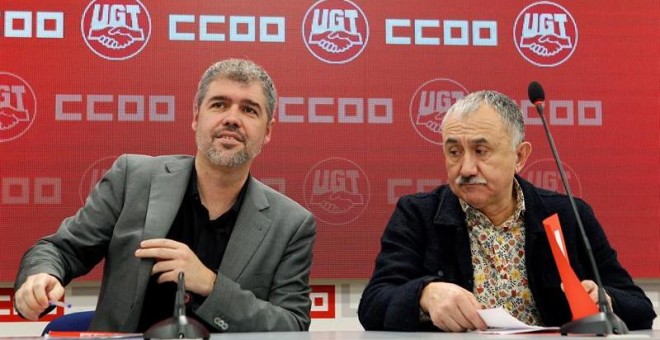 Los secretarios generales de CCOO y UGT, Unai Sordo y Pepe Álvarez. - EFE