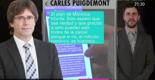 Uno de los mensajes que Puigdemont envió a Toni Comín desvelados por el programa de 'Ana Rosa'. /TELECINCO