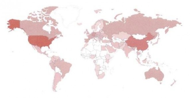 Mapa de calor con los países con mayor concentración de gasolineras con válvulas que pueden administrarse de forma remota. Estados Unidos, con 6.366 seguida China, con 2.126, son los más afectados.