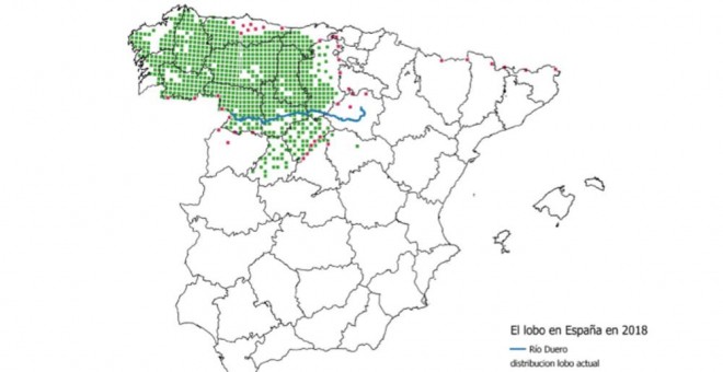 Mapa de distribución del lobo ibérico en España elaborado por Ángel M. Sánchez (Coord. Gral. Voluntariado Censo lobo ibérico) y Observatorio Sostenibilidad.