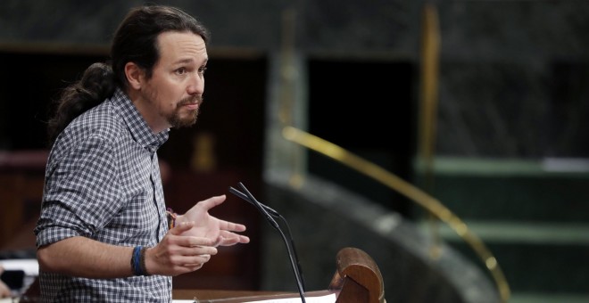 El secretario general de Podemos, Pablo Iglesias, esta tarde durante su intervención en el pleno del Congreso de los Diputados. EFE/Javier Lizón