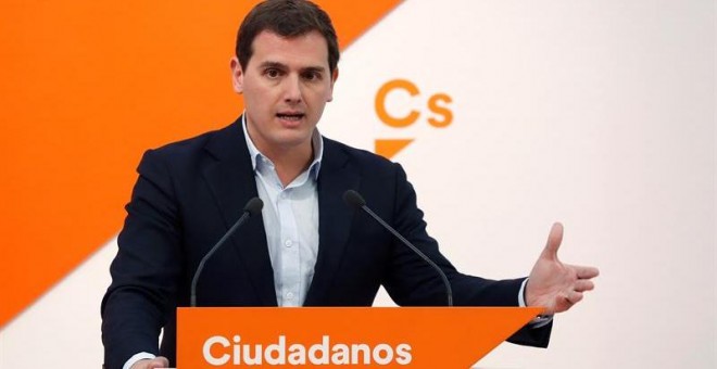 El líder de Ciudadanos, Albert Rivera, durante la rueda de prensa posterior a la reunión del Comité Permanente del partido celebrada en Madrid. EFE/Chema Moya