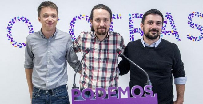 Pablo Iglesias, Íñigo Errejón y Ramón Espinar, antes de anunciar su acuerdo para las primarias de la Comunidad de Madrid. DANI GAGO/PODEMOS