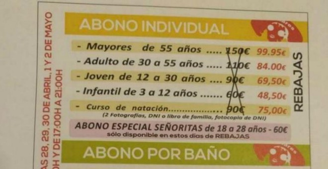 Anuncio de una piscina de Linares que oferta un 'abono especial señoritas de 18 a 28 años'. FACEBOOK