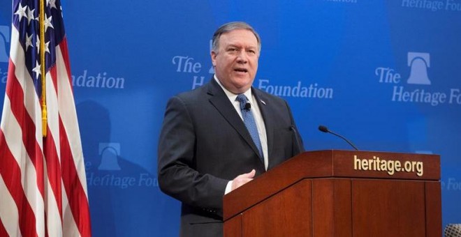 MRX04. WASHINGTON (ESTADOS UNIDOS), 21/05/2018.- El secretario de Estado de EE.UU., Mike Pompeo, ofrece una rueda de prensa en Washington, Estados Unidos, hoy, 21 de mayo de 2018. Pompeo dijo hoy que su Gobierno no dará 'carta blanca' a Irán en Oriente Me