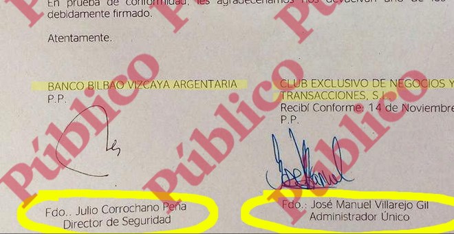 Fragmento del acuerdo de finalización del contrato entre el BBVA y CENYT, firmado por el jefe de seguridad del banco y por el hijo del excomisario Villarejo.