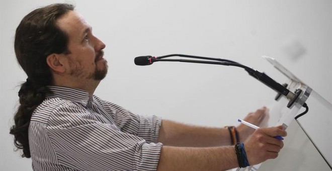 El secretario general de Podemos, Pablo Iglesias, durante la rueda de prensa. - EFE