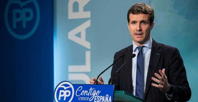 Pablo Casado, durante una intervención en el PP. (SANTI DONAIRE | EFE)
