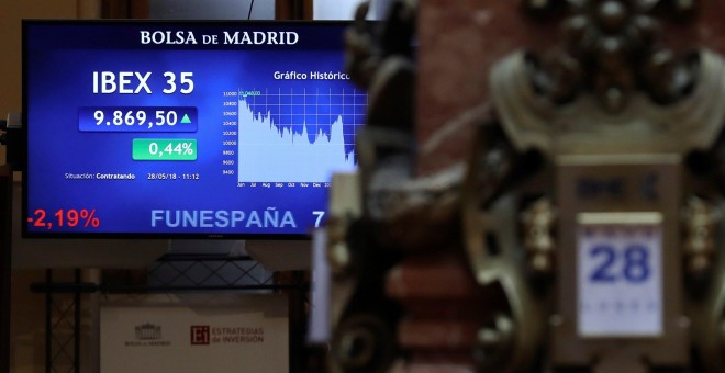 Vista de un panel que muestra la evolución del Ibex 35, principal indicador de la Bolsa española. EFE/ Ballesteros