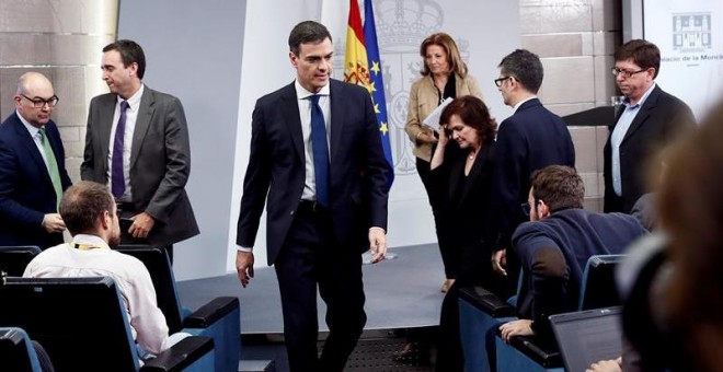 GRAF4787. MADRID, 06/06/2018.- El presidente del Gobierno, Pedro Sánchez, durante la comparecencia en la que ha anunciado la composición de su Ejecutivo, hoy en el Palacio de La Moncloa.- EFE/Mariscal