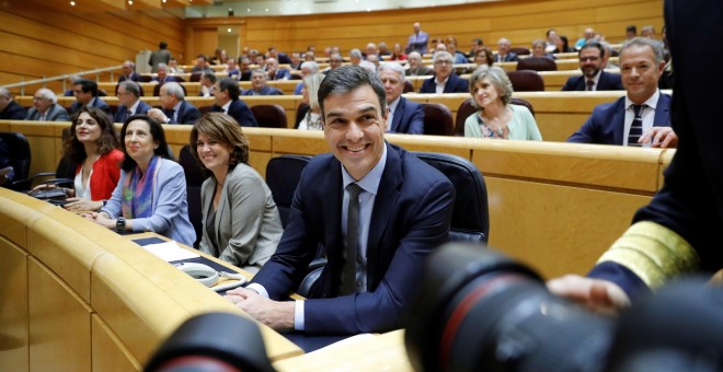 El presidente del Gobierno, Pedro Sánchez, antes de someterse a su primera sesión de control en el Pleno del Senado. EFE/Juan Carlos Hidalgo