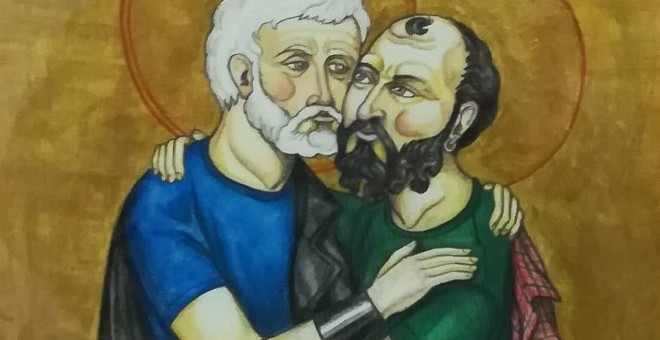Imagen de dos apóstoles besándose de la exposición 'Bilbao Bizkaia Pride 2018'.EUROPA PRESS/PP VASCO
