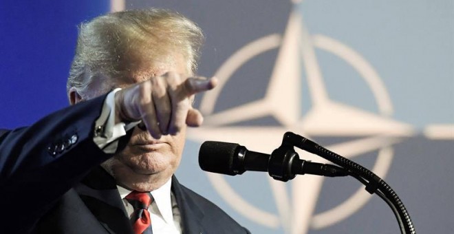 Trump durante la rueda de prensa que ofreció tras la cumbre de la OTAN en Bruselas. (CHRISTIAN BRUNA | EFE)