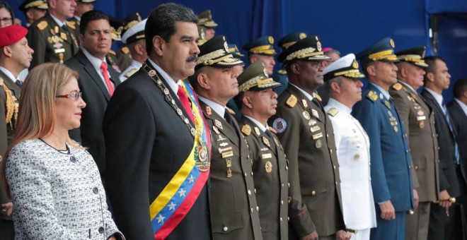 El presidente de Venezuela, Nicolás Maduro, durante el acto en el que sufrió el ataque. REUTERS