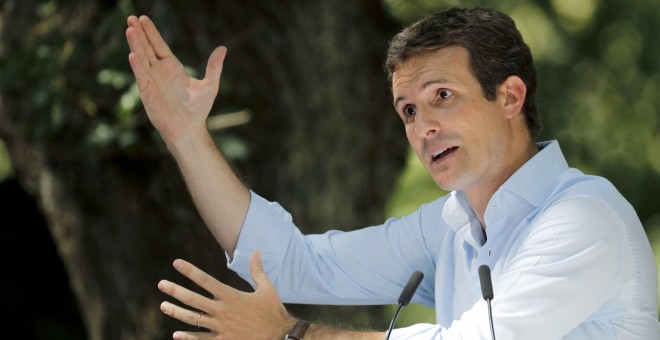 El presidente del Partido Popular, Pablo Casado,  en el acto de apertura del curso político celebrado en el municipio pontevedrés de Cerdedo-Cotobade. EFE/Lavandeira JR