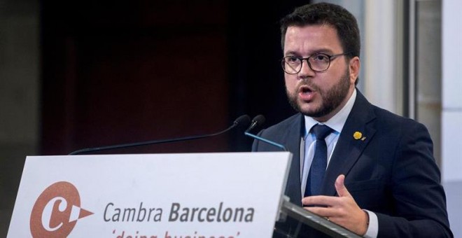 19/09/2018.- El vicepresidente de la Generalitat, Pere Aragonès, pronuncia la conferencia ''La economía catalana: presente y retos de futuro'', hoy en Barcelona dentro del 'Dinars Cambra', una serie de almuerzos organizados por la Cámara de Comercio. EFE/