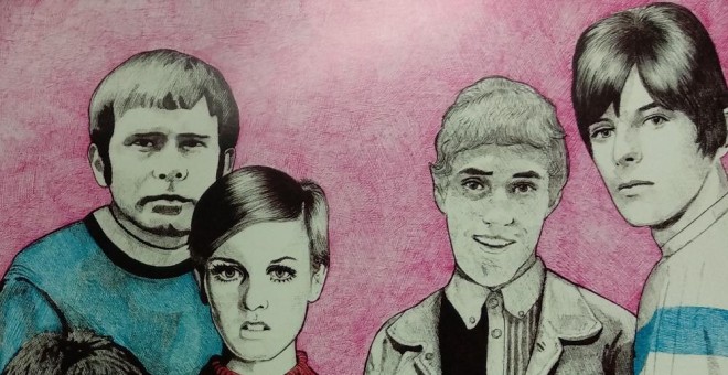 Ilustración de Tete Navarro en la que se puede ver a Long John Baldry, Twiggy, Roger Daltrey, David Bowie, Kenney Jones y Julie Driscoll vestidos con indumentaria mod