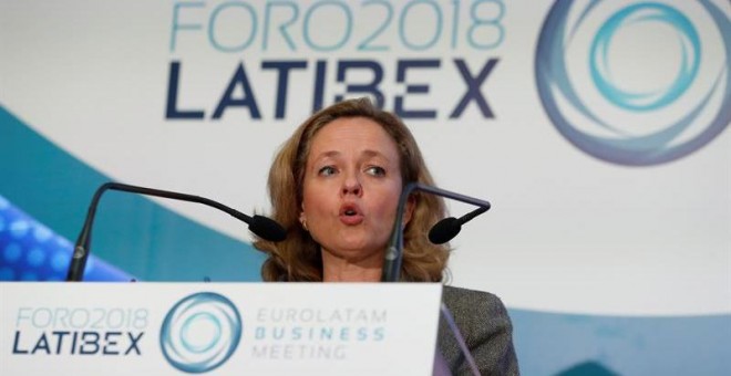 La ministra de Economía, Nadia Calviño, durante su intervención en la inauguración del Foro Latibex | J. J. Guillén /  EFE