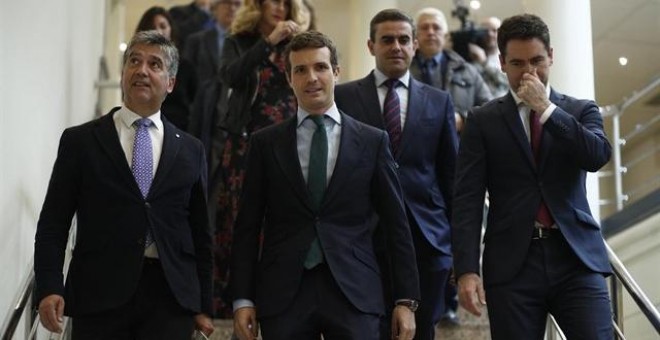El senador Ignacio Cosidó junto al presidente del PP, Pablo Casado y el secretario general, Teodoro García Egea. EUROPA PRESS/Eduardo Parra.