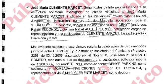 Extracto de un informe de la Unidad de Asuntos Internos de abril de 2016, en el que se relata el reconocimiento de deuda de José María Clemente Marcet al entramado empresarial del comisario Villarejo.