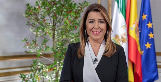 La presidenta en funciones de la Junta de Andalucía, Susana Díaz, durante la grabación en el Palacio de San Telmo-. EFE/Julio Muñoz