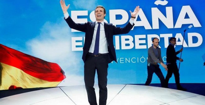 El presidente del PP, Pablo Casado, durante la clausura de la Convención Nacional del Partido Popular que se ha celebrado desde el viernes el Recinto Ferial IFEMA de Madrid. EFE/Chema Moya