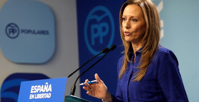 La vicesecretaria de Comunicación del PP, Marta González, durante la rueda de prensa posterior a la reunión del Comité de Dirección del partido celebrada en la sede de la calle Génova. EFE/Ballesteros