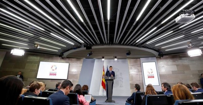 Pedro Sánchez, durante su comparecencia en el Palacio de la Moncloa | EFE/Chema Moya