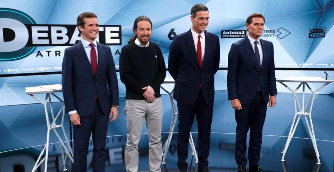 Pedro Sánchez, Pablo Casado, Albert Rivera y Pablo Iglesias, antes del debate en Atresmedia. REUTERS/Juan Medina
