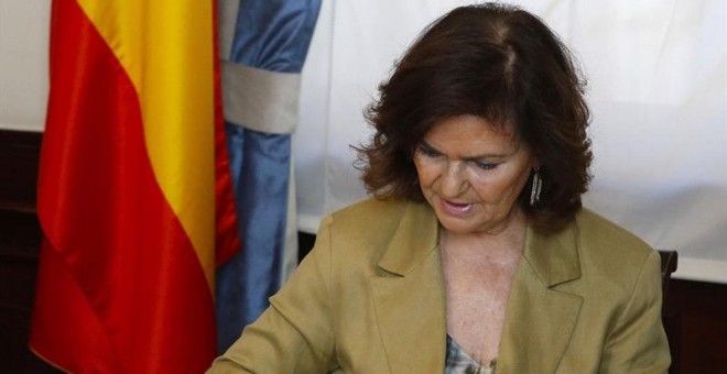 La vicepresidenta del Gobierno en funciones, Carmen Calvo, este lunes en el Congreso de los Diputados, donde ha acudido para presentar sus credenciales y tramitar la documentación requerida, tras las elecciones generales del pasado 28 de abril