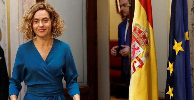 La presidenta del Congreso, Meritxell Batet, durante la rueda de prensa ofrecida este miércoles en el Congreso