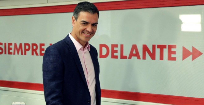 El presidente del Gobierno en funciones, Pedro Sánchez, en la sede del PSOE en Madrid, donde ha valorado los resultados electorales del 26-M. EFE/JuanJo Martín