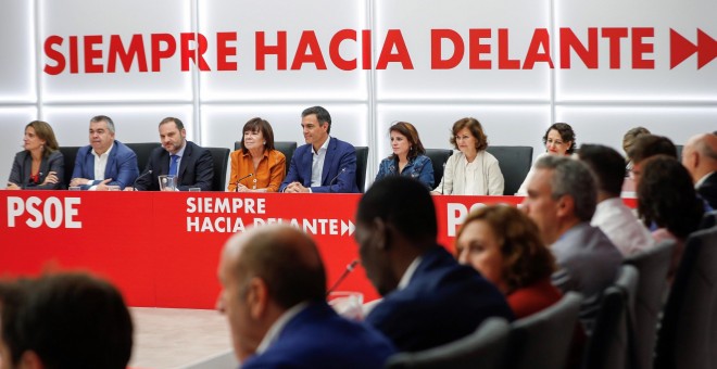 El presidente del Gobierno en funciones y secretario general del PSOE, Pedro Sánchez, durante la reunión de la Ejecutiva Federal del partido en Ferraz. EFE/Emilio Naranjo