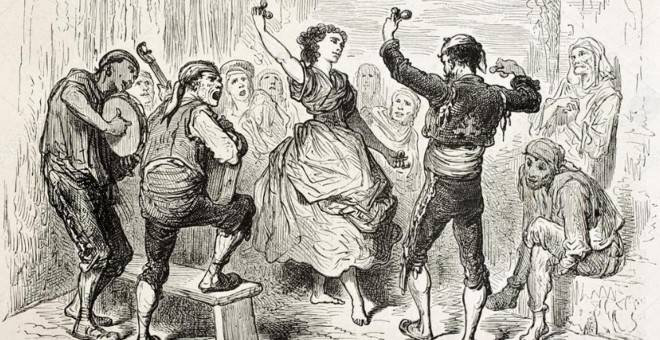 Un hombre y una mujer bailan una jota aragonesa tradicional.