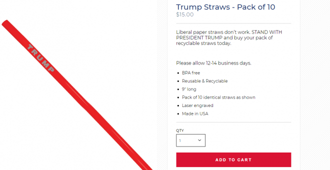 Pajitas de plástico que se venden en la web de campaña de Donald Trump.