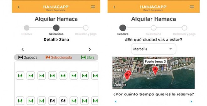 Dos imágenes de la aplicación Hamacapp, para reservar una tumbona en la playa.
