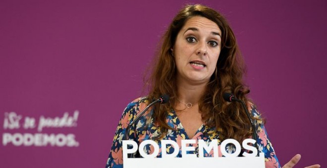 GRAF3293. MADRID, 16/09/2019.- La portavoz de Podemos, Noelia Vera, durante la rueda de prensa que ofreció en la sede de su partido tras la reunión del Consejo de Coordinación de la formación este lunes, en el que el rey Felipe VI comienza la segunda y de