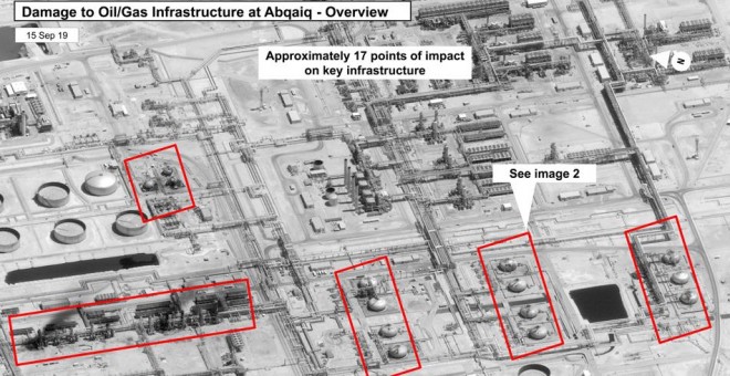 Foto distribuida por EEUU que muestra los datos del ataque con drones en las instalaciones de la petrolera saudí Aramco de Abqaiq. EFE/EPA/US GOVERNMENT