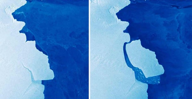 El gran iceberg de más de 1.600 kilómetros cuadrados y que contiene 315 gigatoneladas de hielo que se ha separado de la plataforma de hielo Amery de la Antártida Oriental.