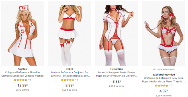 Imágenes de los disfraces de 'enfermera sexy' denunciados por el sindicato de enfermeras./ Amazon