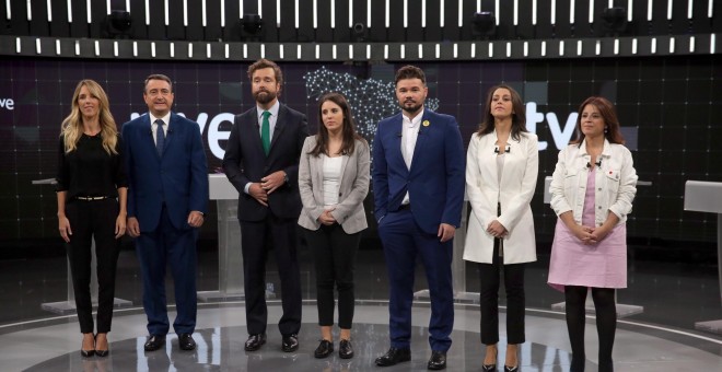 01/11/2019 - Los portavoces parlamentarios de PSOE, PP, Cs, Unidas Podemos, Vox, ERC y PNV antes del debate electoral de RTVE. / EFE - JAVIER LIZÓN