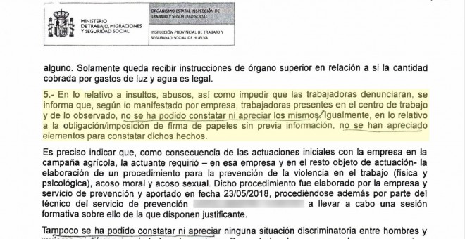 Informe de Inspección de Trabajo en el que se afirma que no se pueden constatar abusos, días después de que las temporeras se hubieran marchado.