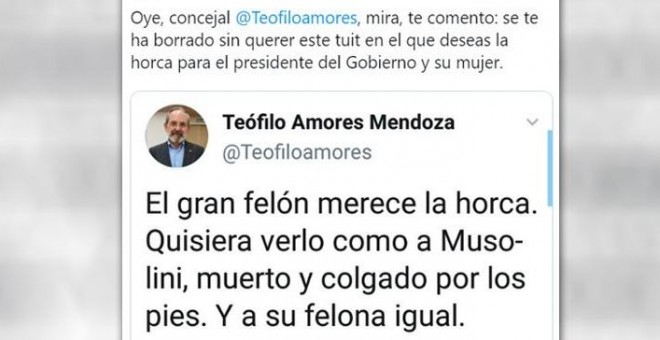 Teófilo Amores, concejal no adscrito del Ayuntamiento de Cáceres publica un tuit deseando la muerte a Pedro Sánchez.